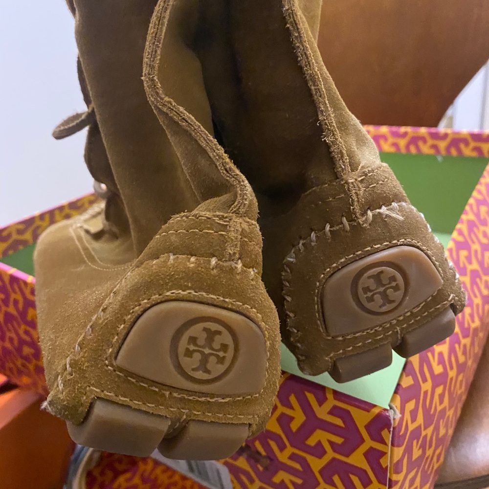 Tory Burch Suede Camel Moccasin Lace up Boots - Picture 9 of 16